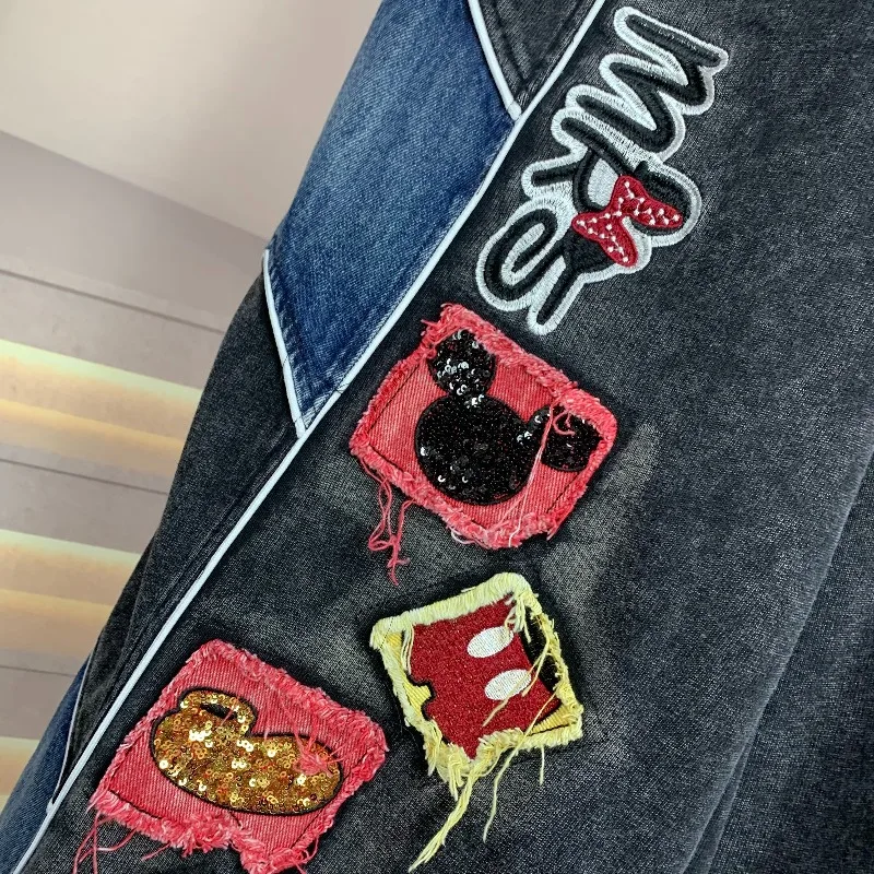 Trendige Marken-Jeans im amerikanischen Stil für Frühling/Sommer: Schwerer Patchwork-Farbblock mit Cartoon-Motiven, gerade geschnitten, schlank machend, lässige lange Denim-Hose