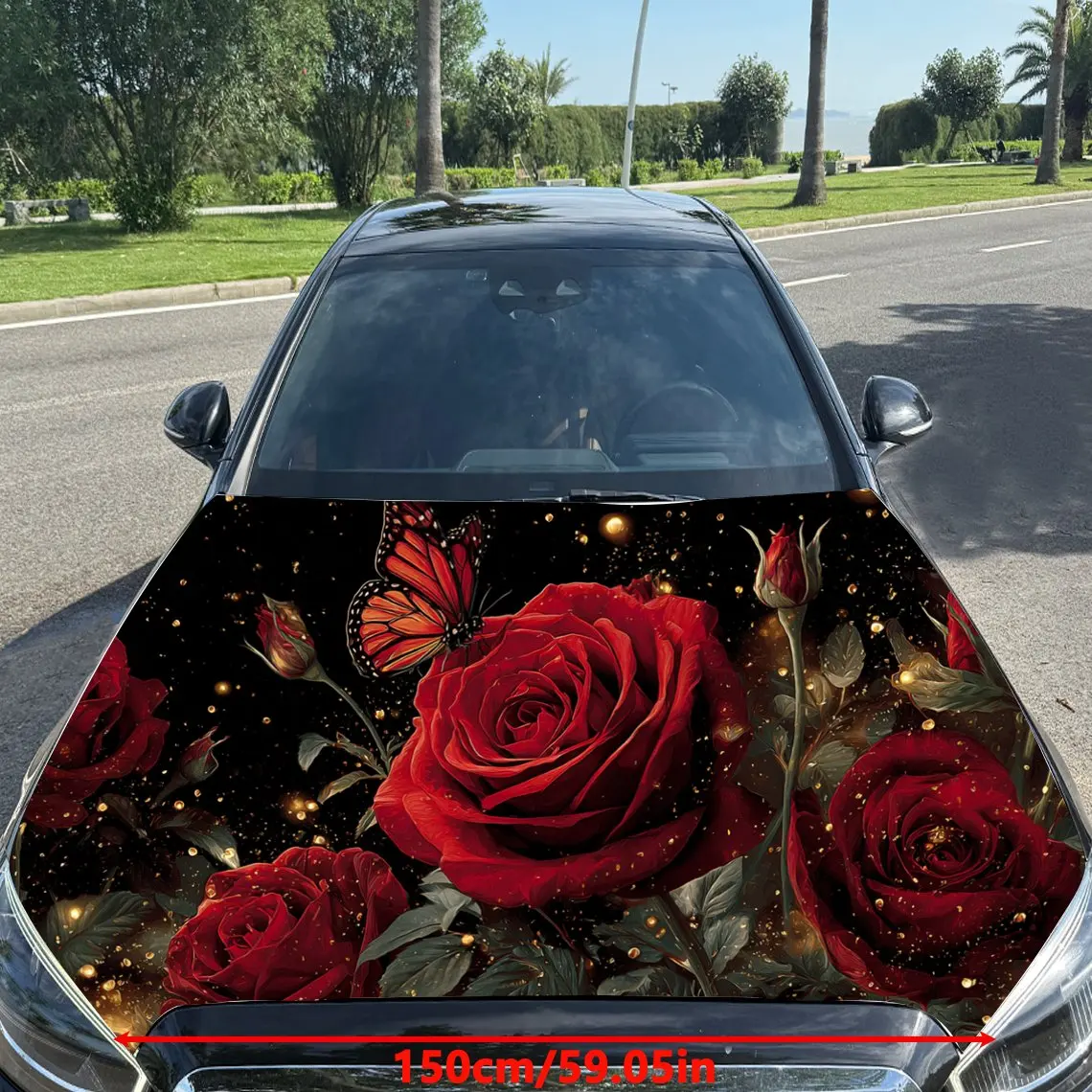 Dynamic Black Flame Butterfly and Rose Print car hood stickers, waterproof self-adhesive, scratch resistant, easy to stick, dura
