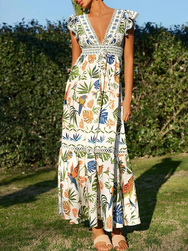 Vestido longo com estampa floral tropical, feminino, sexy, decote em v, manga plissada, vestido de férias, elegante, cintura alta, vestidos de festa plissados