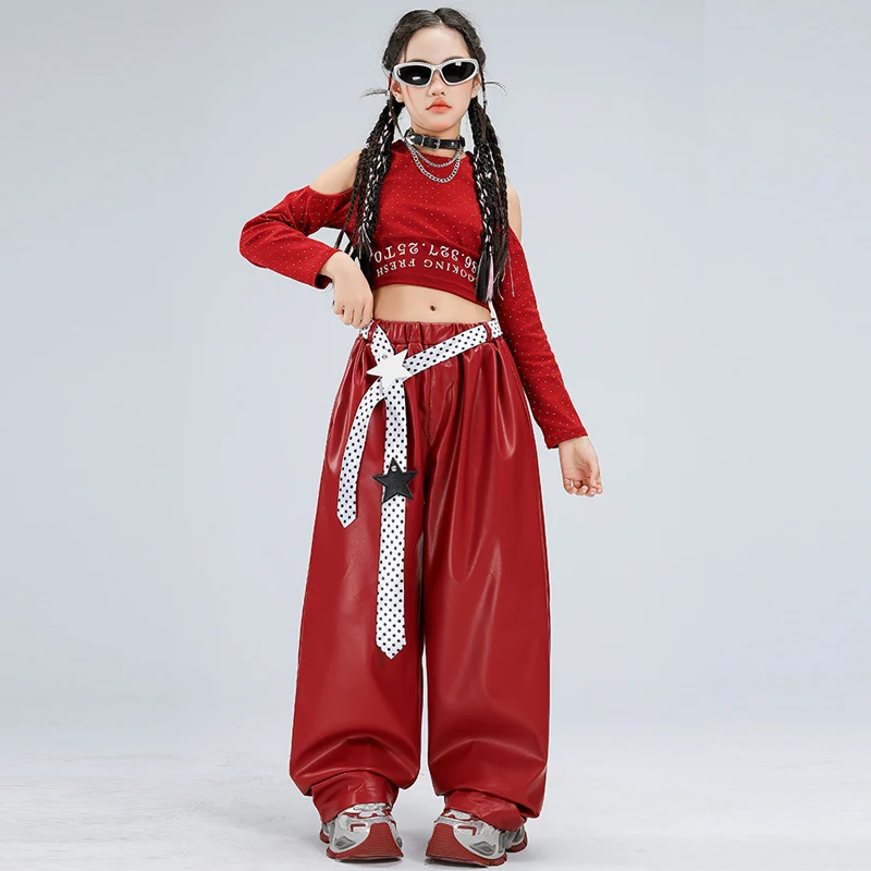 Crianças terno de dança de salão meninas jazz dança traje vermelho superior calças de couro crianças hip hop roupas grupo k-pop outfit xs10720