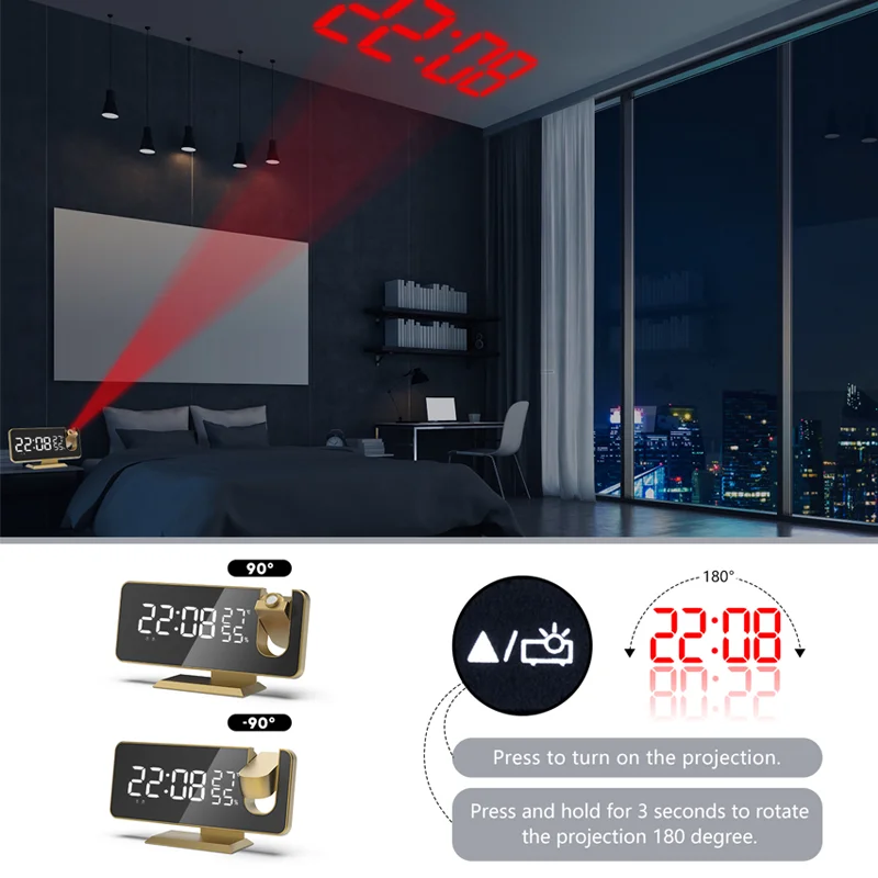 FM Radio Digital Projection Alarm Clocks Led Table Clocks Wake Up Clock Temp Humidity with 180° Projection Snooze Digital Clock