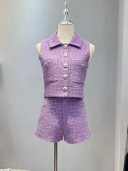 Set di Tweed intrecciato a vento profumato viola gilet monopetto con colletto a scatto con paillettes + pantaloncini Set di due pezzi per l'industria pesante estiva delle donne