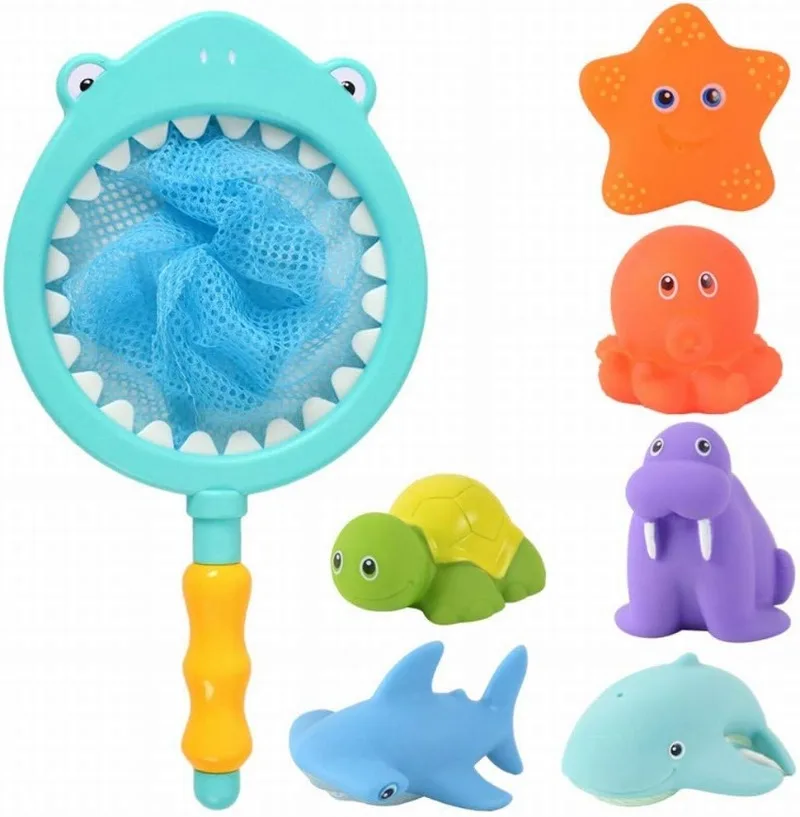 

Bath Toy, Fishing Floating Animals Squirts Toys Games Playing Set with Fishing net , Fish Net Game in Bathtub Bathroom Pool