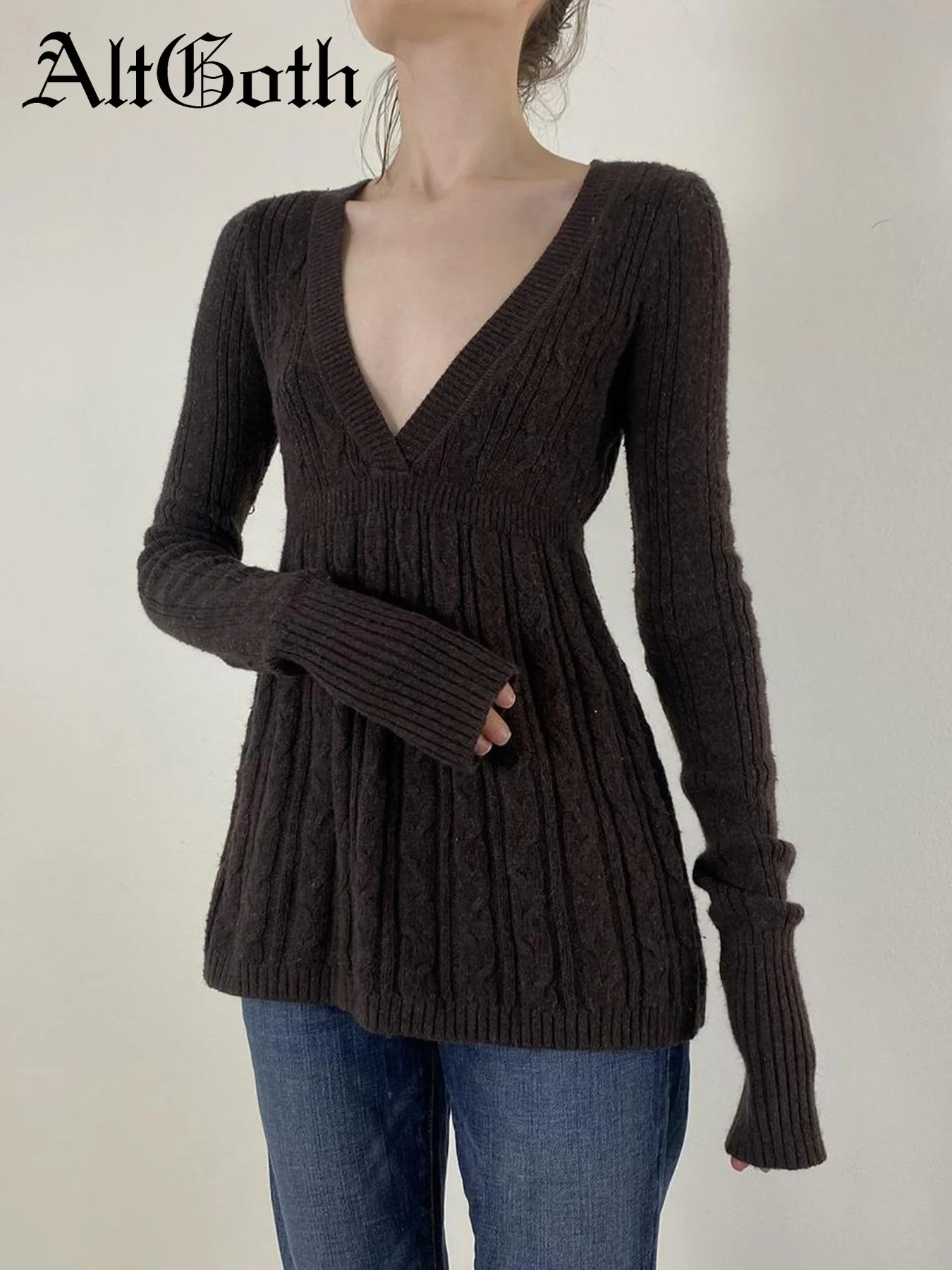 AltGoth Y2k Vintage Warm Sweater Women Pastel Goth Soft Grunge Sweet Cute Long Sleeve V-neck High Waist Knitted Pullover Female