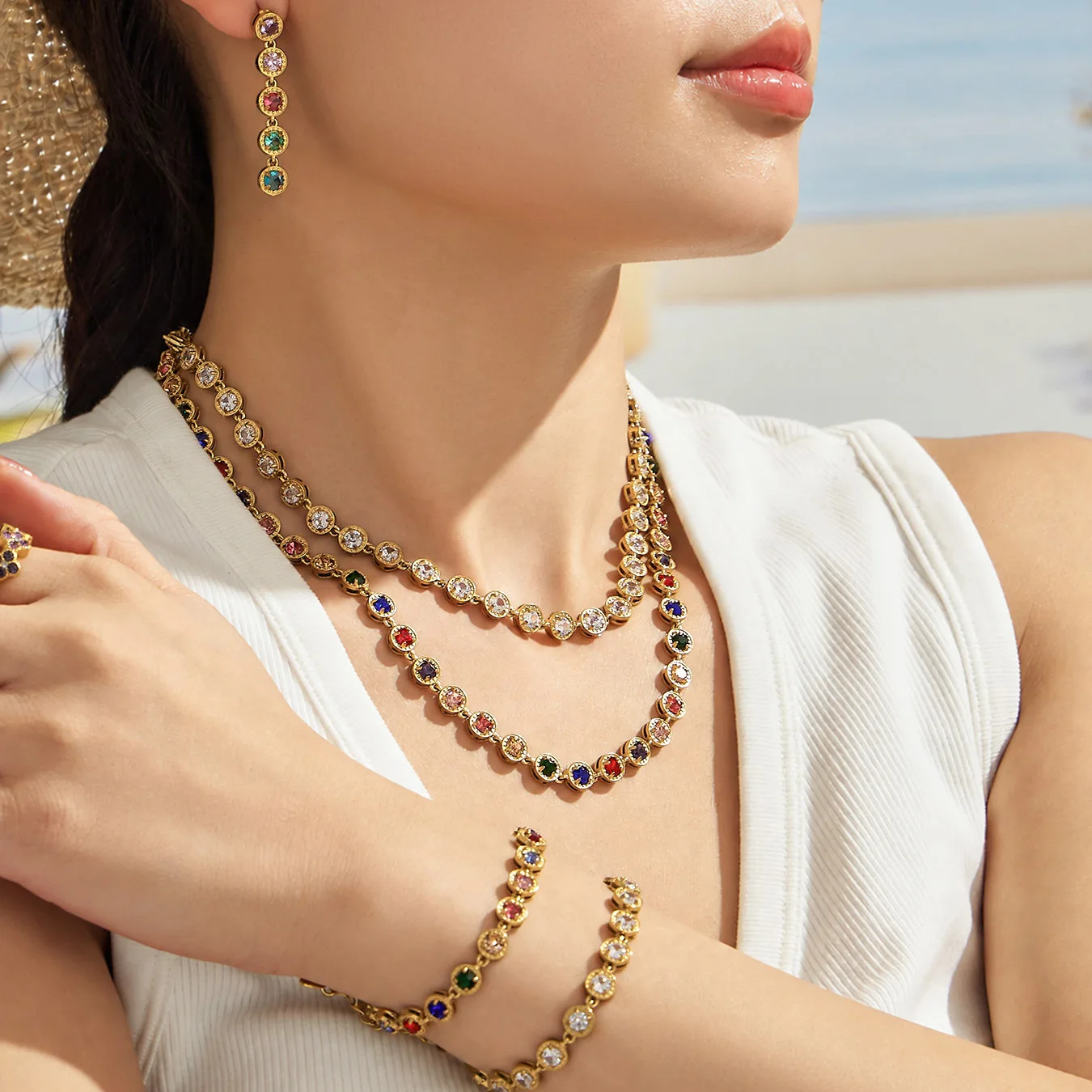 Runde Zirkon-Tennis-Halskette, Armband und Ohrringe, 18k vergoldeter Edelstahl, 3-teiliges Hochzeitsschmuck-Set – Detail 4