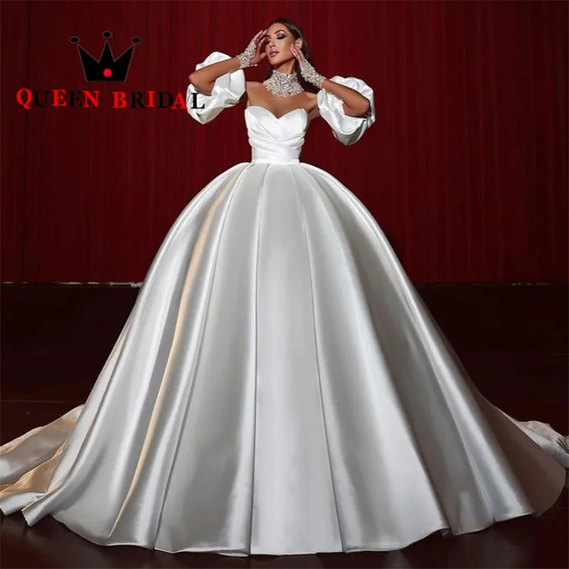 Charming V Neck Pleat Wedding Dresses 2023 New Long Train Elegant Puff Sleeve Bridal Ball Gowns Vestidos De Novia Custom L23W