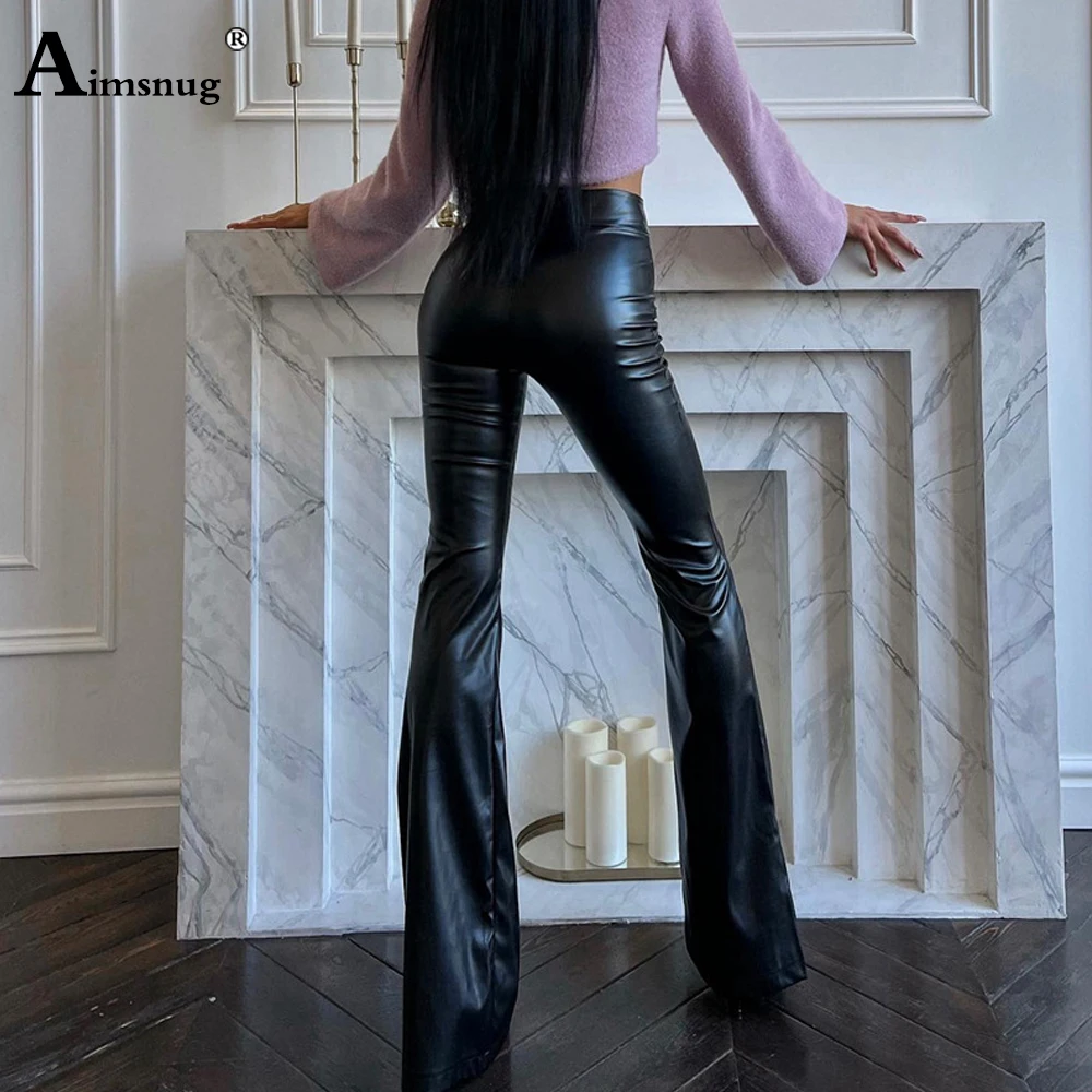 Women Fashion Street PU Leather Pants Female Elastic Waist Slim Trouser Girls High Cut Flare Pants Black Soft Faux Leather Pant