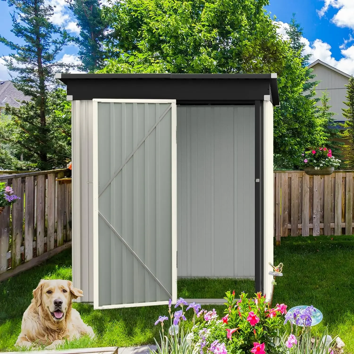 Outdoor Storage Shed, 5\' x 3\' Heavy Duty Galvanized Metal Garden Backyard Storage Outside Tool Storage Shed House, White