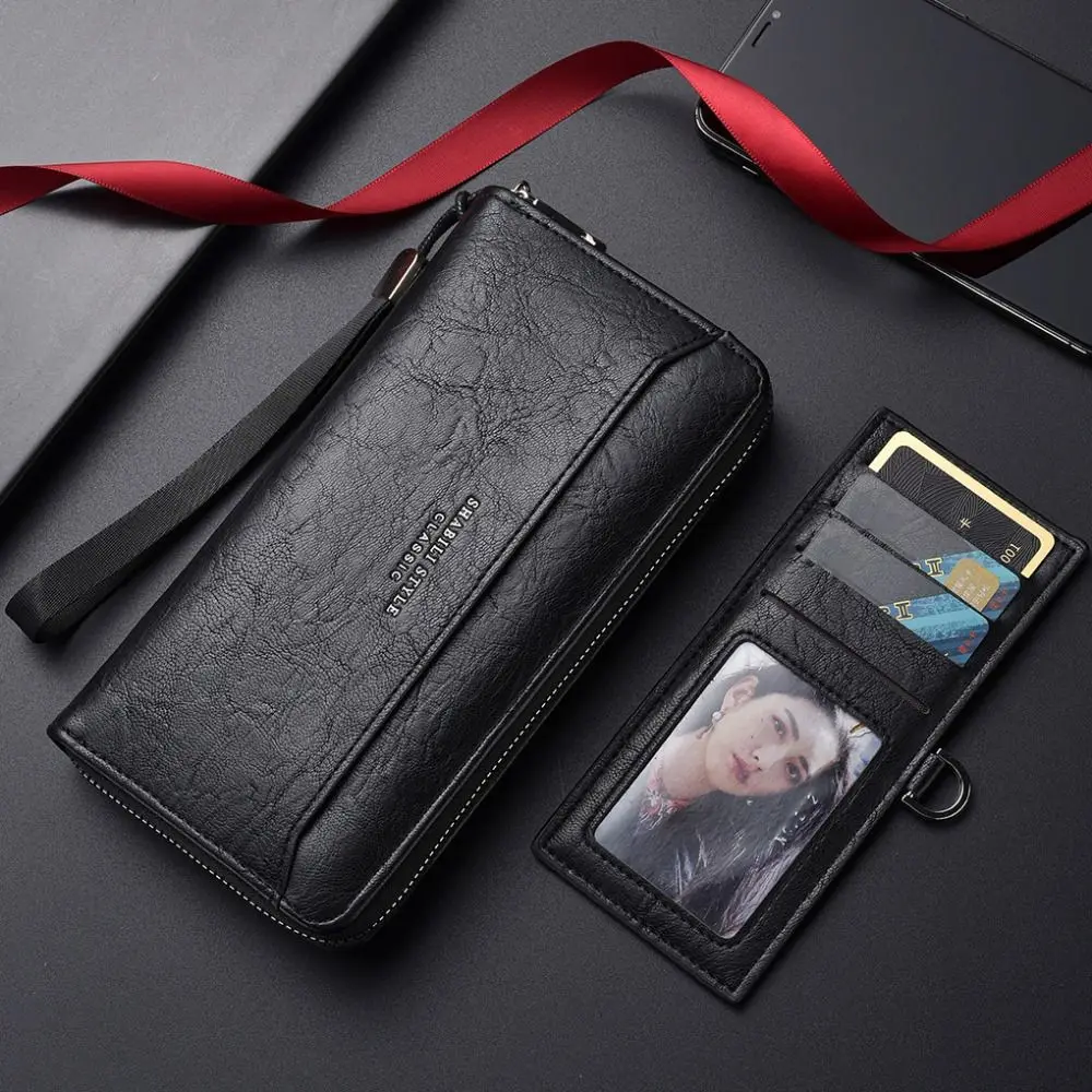 Elegant Purse Men PU Wallet Multi Slot Zipper Business Clutch Bag Coin Purse Large Capacity Long Wallet Business