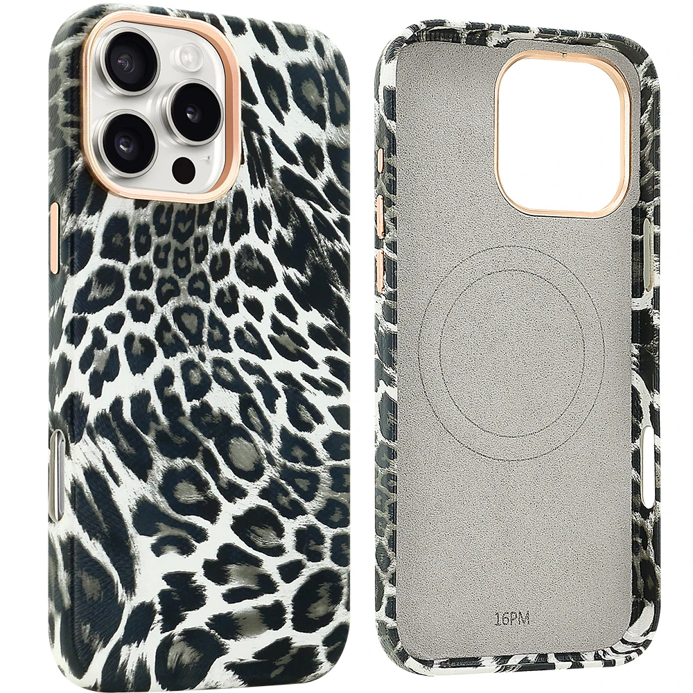 VIETAO Leopardenmuster PU-Leder magnetische kabellose Lade-Handyhülle für iPhone 16 15 Pro Max, 15 Pro 16 Pro Hülle, Schwarz