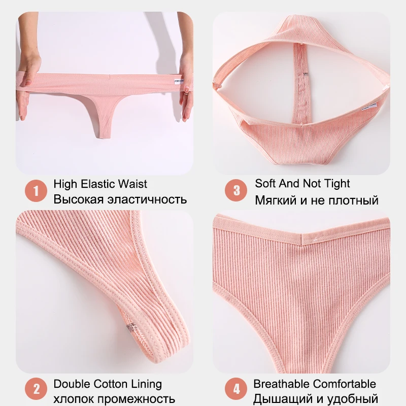 3PCS/Set FINETOO V-Waist Cotton Thongs for Women Panties Solid Color Low Rise Threaded G-String Female Underwear T-Back Lingerie