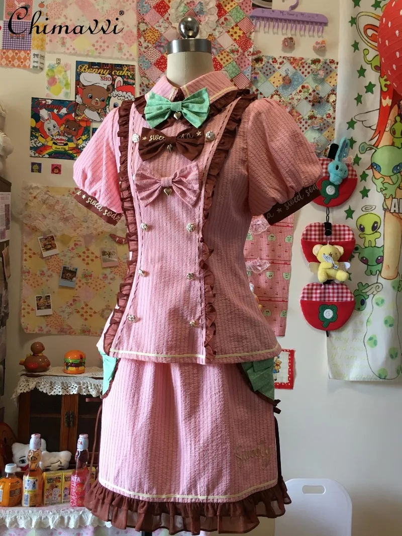 

Original 2025 New Retro Striped Skirt Set Maid Outfit Japanese Girls Women's Sweet Cute Bow Lolita Short Sleeve Shirt Skirt