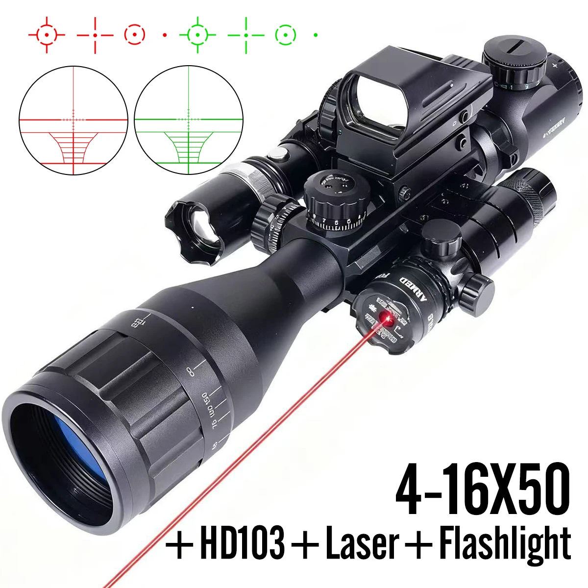 

4-16X50AOEG с HD103, красный, зеленый, 4-точечный прицел, тактический рефлекторный рефлектор, регулируемый нуль для страйкбола, охоты, стрельбы, видоискателя, комбинированный