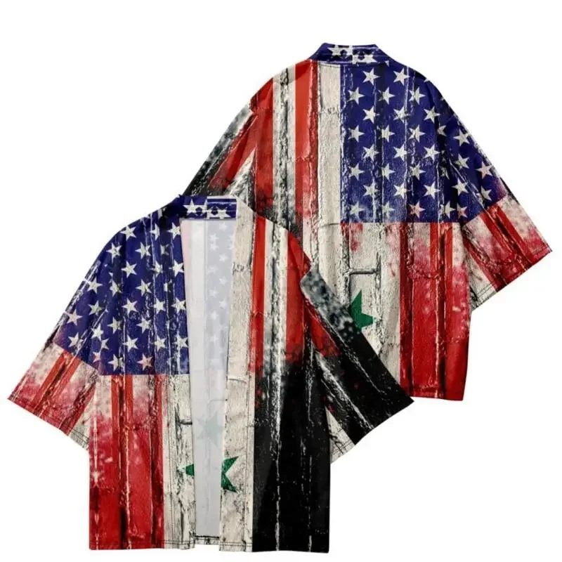 Men Hawaiian US Flag Shirt Funny Print Open Front 3/4 Sleeve Shirts Casual Summer Beach Tropical Cardigan for Independence Day