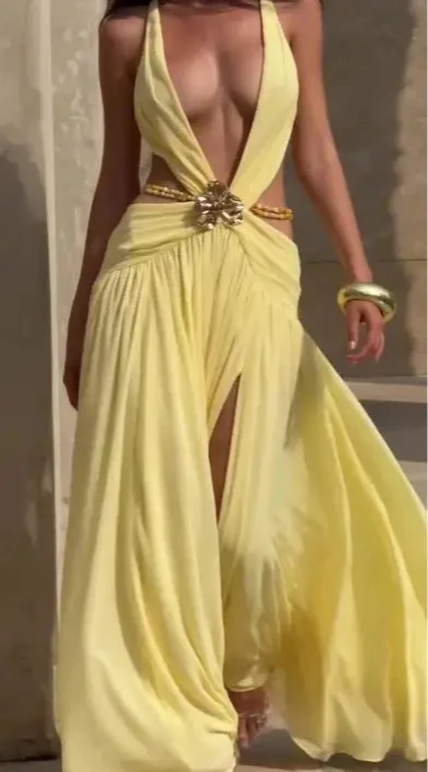 Abito estivo con decorazione floreale in metallo, vita cava, scollo a V profondo, abito sexy senza schienale con spacco, abito da festa da donna