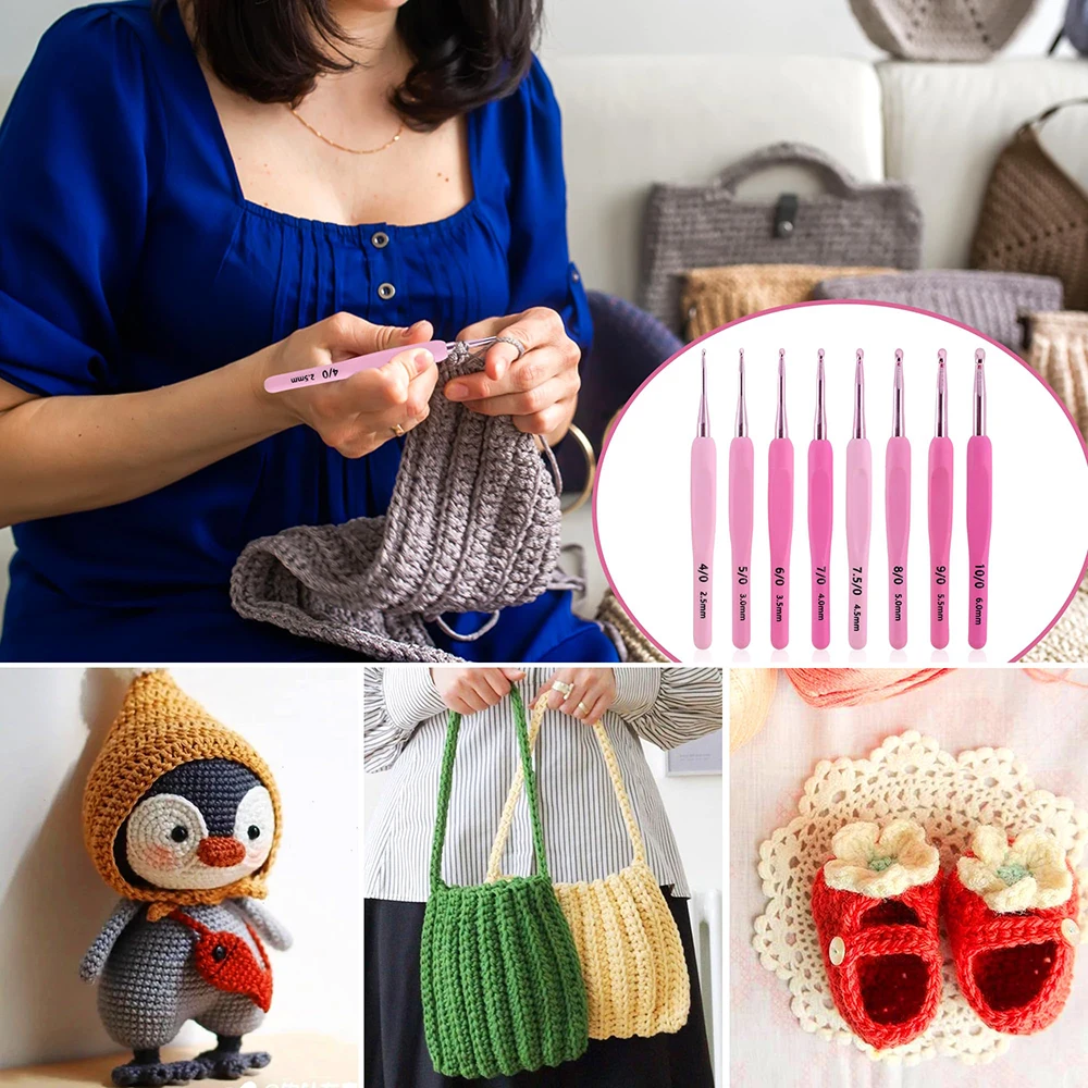 9 قطعة/المجموعة 2.0 مللي متر-6 مللي متر الوردي التدرج الألومنيوم الكروشيه السنانير مريح لينة مقبض الكروشيه مع حالة الكروشيه عدة للمبتدئين