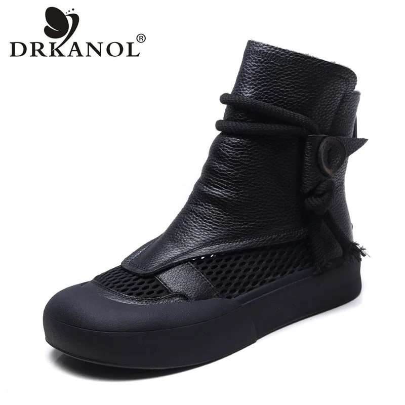 DRKANOL Fashion Women Cool Boots 2024 Summer Genuine Leather Mesh Breathable Flat Ankle Boots For Women Casual Roman Shoes Retro