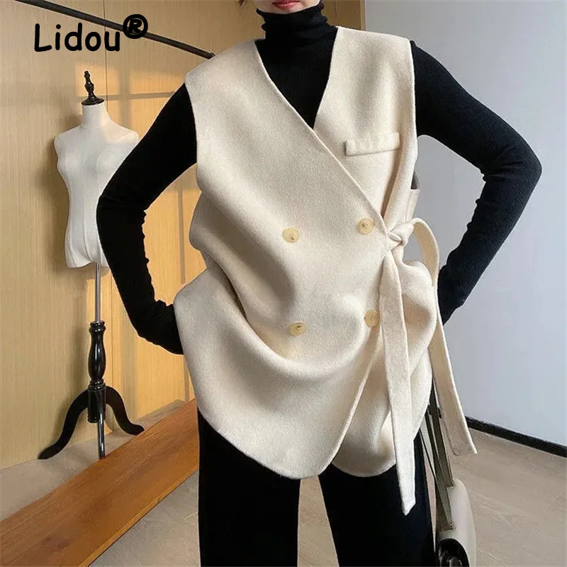 

Spring Autumn Women's Korean Fashion Loose Sleeveless Lace Up Double Breasted Chic Streetwear Woolen Vests Office Lady Waistcoat