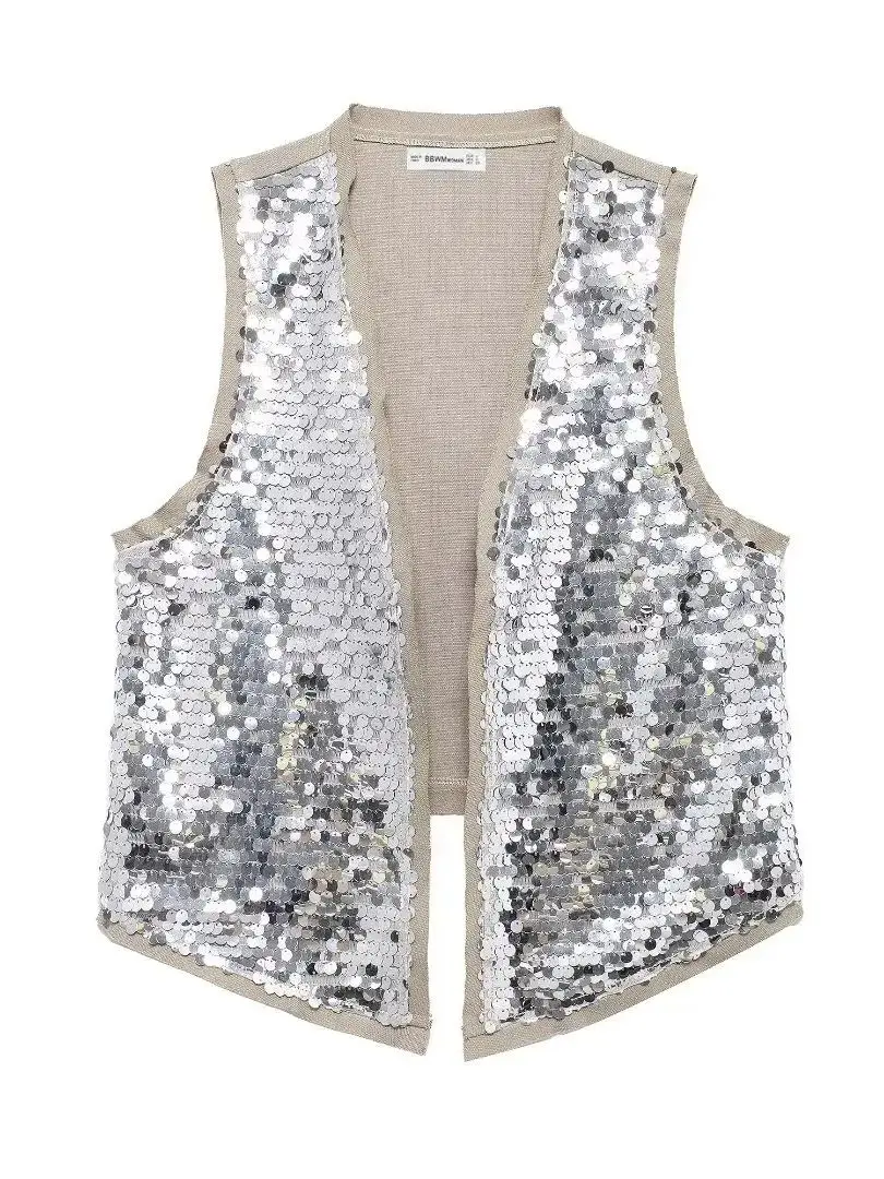 Zevity Women Euro V Neck Sequined Design Patchwork Vest Jacket Lady Sleeveless Open Stitching Casual Retro WaistCoat Tops CT6229