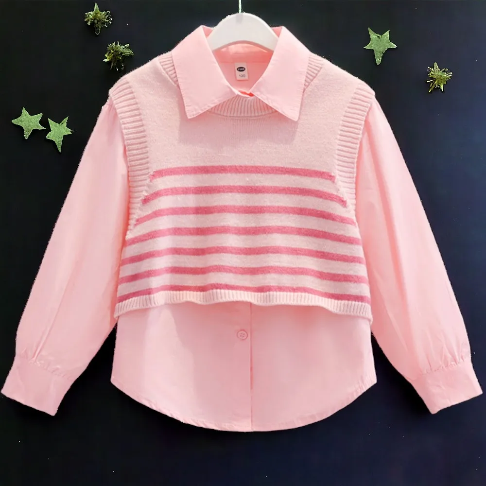 

Школьная одежда для девочек-подростков Детские розовые рубашки для девочек Блузки и вязаный жилет 2 шт. Хлопковые детские костюмы 5 7 9 11 12 13 лет