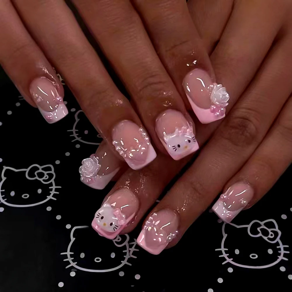 

24/30pcs Short Square Hello Kitty Press On Nails Sanrio Pink Pearl Rose French False nails Lovely Cat FakeNail Girl Wearable Tip