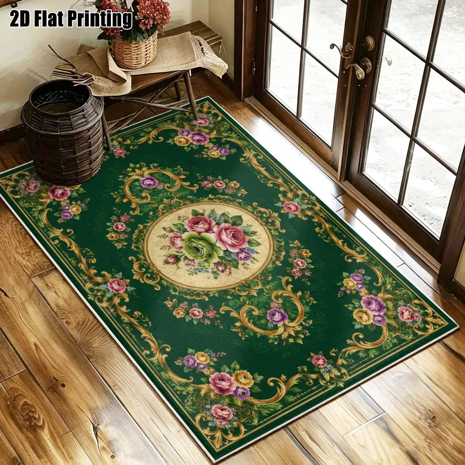 1Pc 2D Printed Velvet Carpet, Dark Green Base Pink Floral, European Vintage Style, Machine Washable, Multi-Size for Home Decor