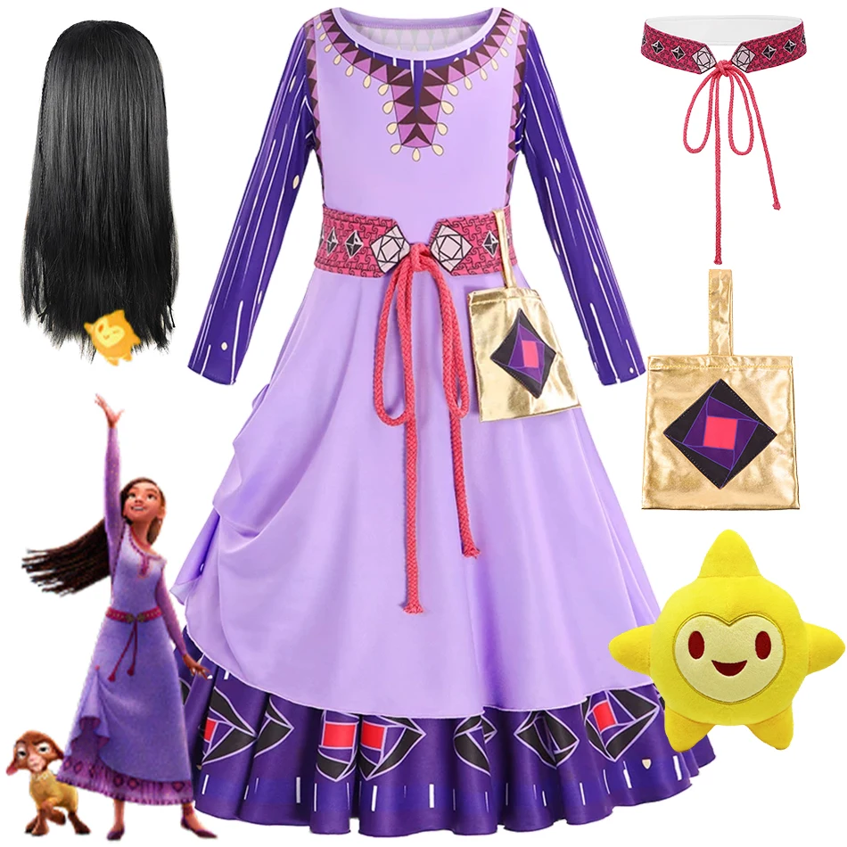 

Wish Asha Dress for Girls Princess Cosplay Clothes Luxury Print Party Frock with Belt Kids New Cartoon Movie Role Playing Outfit