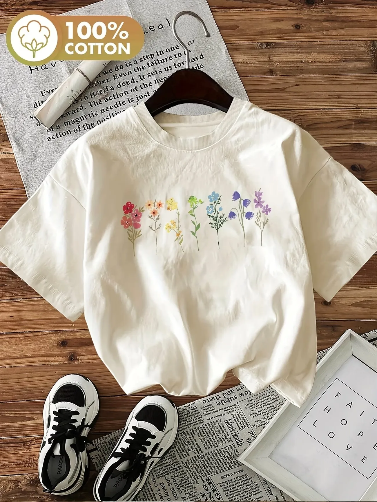 Grafisches Blumen-Y2k 100% Baumwolle Damen Retro Blumendruck T-Shirt Weicher Rundhalsausschnitt Kurzarm-Oberteil Vintage-Shirt Blumendesign