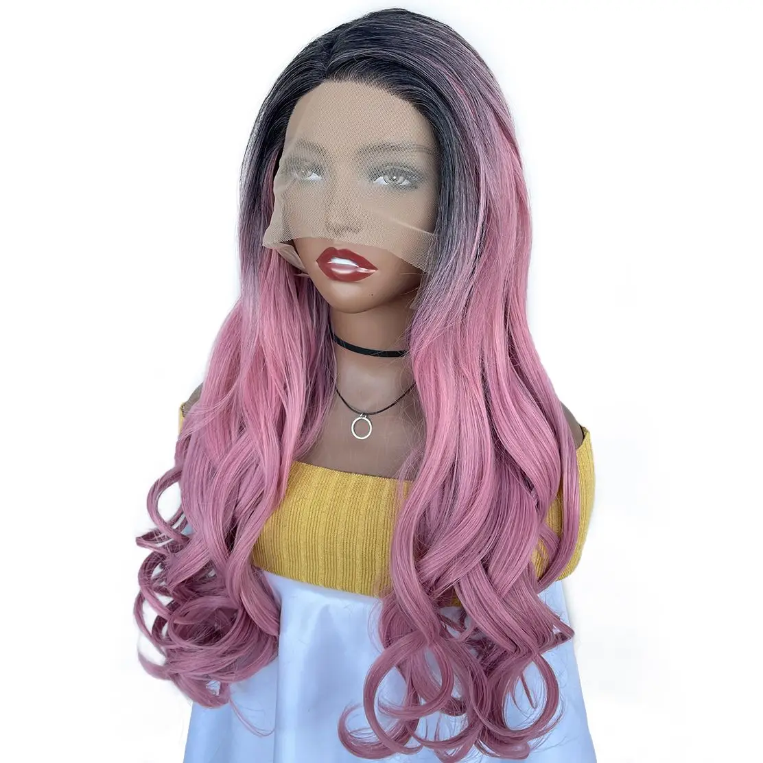 

BCHR Long Wavy Pink Lace Front Wig Natural Hairline Heat Resistant Synthetic Hair Wigs for Women