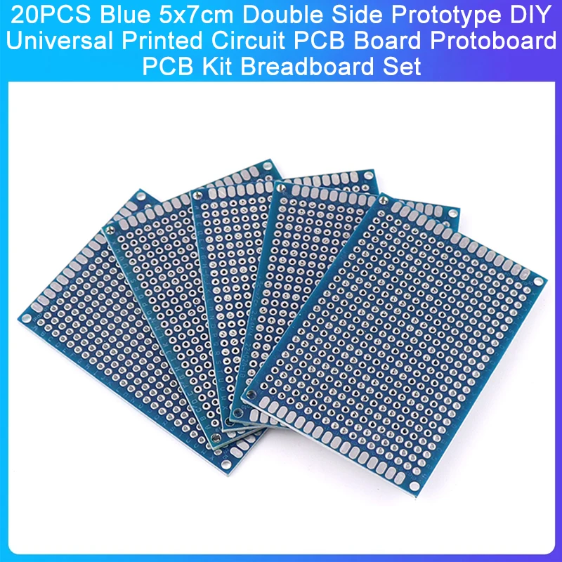 Duplo Side Prototype PCB Kit, DIY Universal Circuito Impresso, Breadboard Set, Azul, 5x7cm, 20Pcs