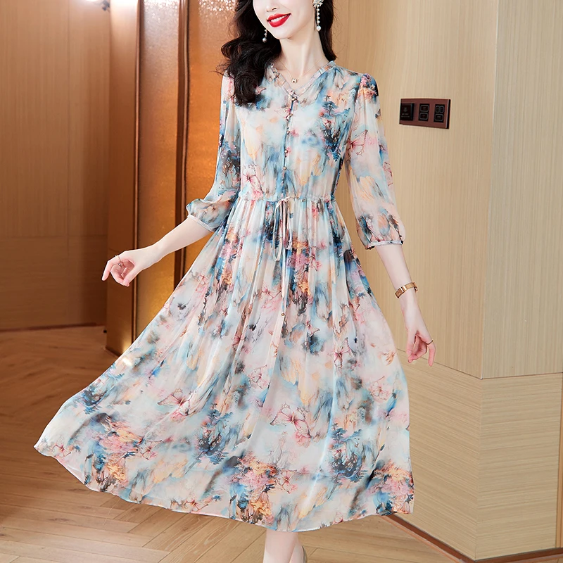 2024 Summer New Short sleeved Silk Dress Women's V-neck French Floral Skirt Mulberry Silk V-neck Waist Knee length Skirt