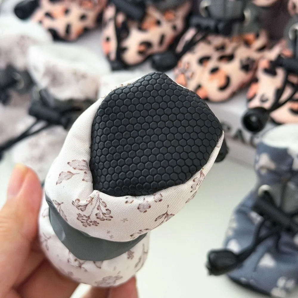 Plush Warm Winter Pet Cotton Booties Adjustable Thicken Dog Rain Boots Leopard Print Soft Bottom Dogs Snow Boots Outdoor Use