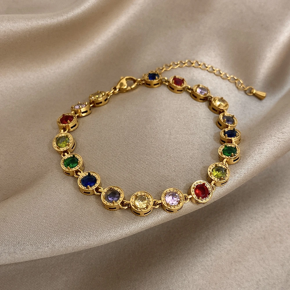 AENSOA Dainty Round Bracelet Crystal Rainbow Multicolor Zircon Gold Plated Adjustable Stainless Steel Wrist Jewelry Women