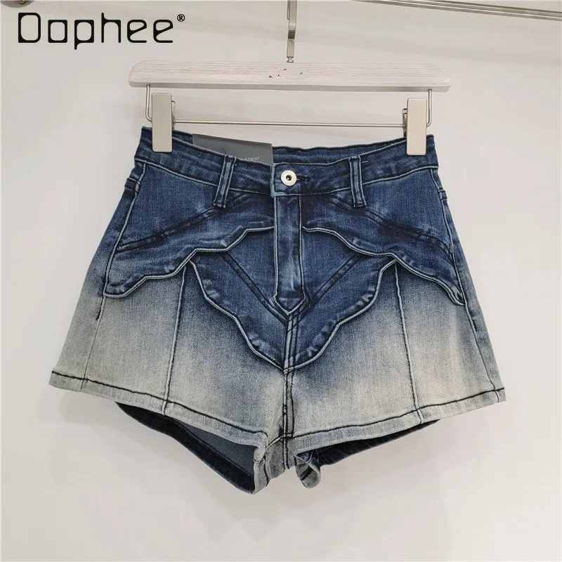 

Ruffle Gradient Denim Shorts Women Harajuku Y2K High Waist Shorts Summer Casual Female Hip Hop Design Shorts Streetwear