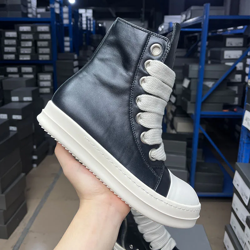 

Men Casual Shoes Jumbo Shoelace Black Solid Owens Trendy Shoes Lace-up Leather Shoes for Women