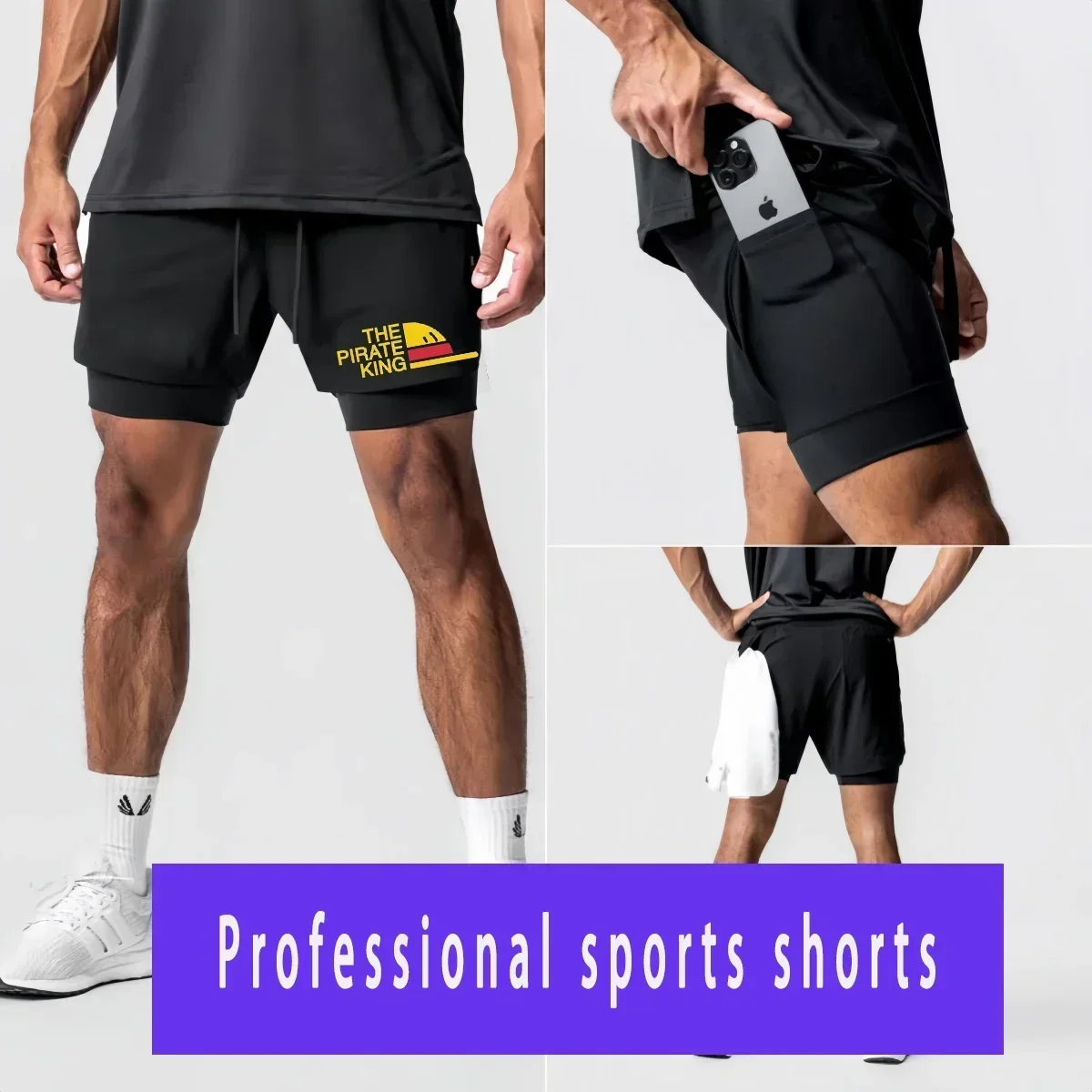 

Anime Pirate King Printed Running Shorts Men's Fitness Gym Training Exercise Shorts Quick Dry Workout Jogging Double Shorts