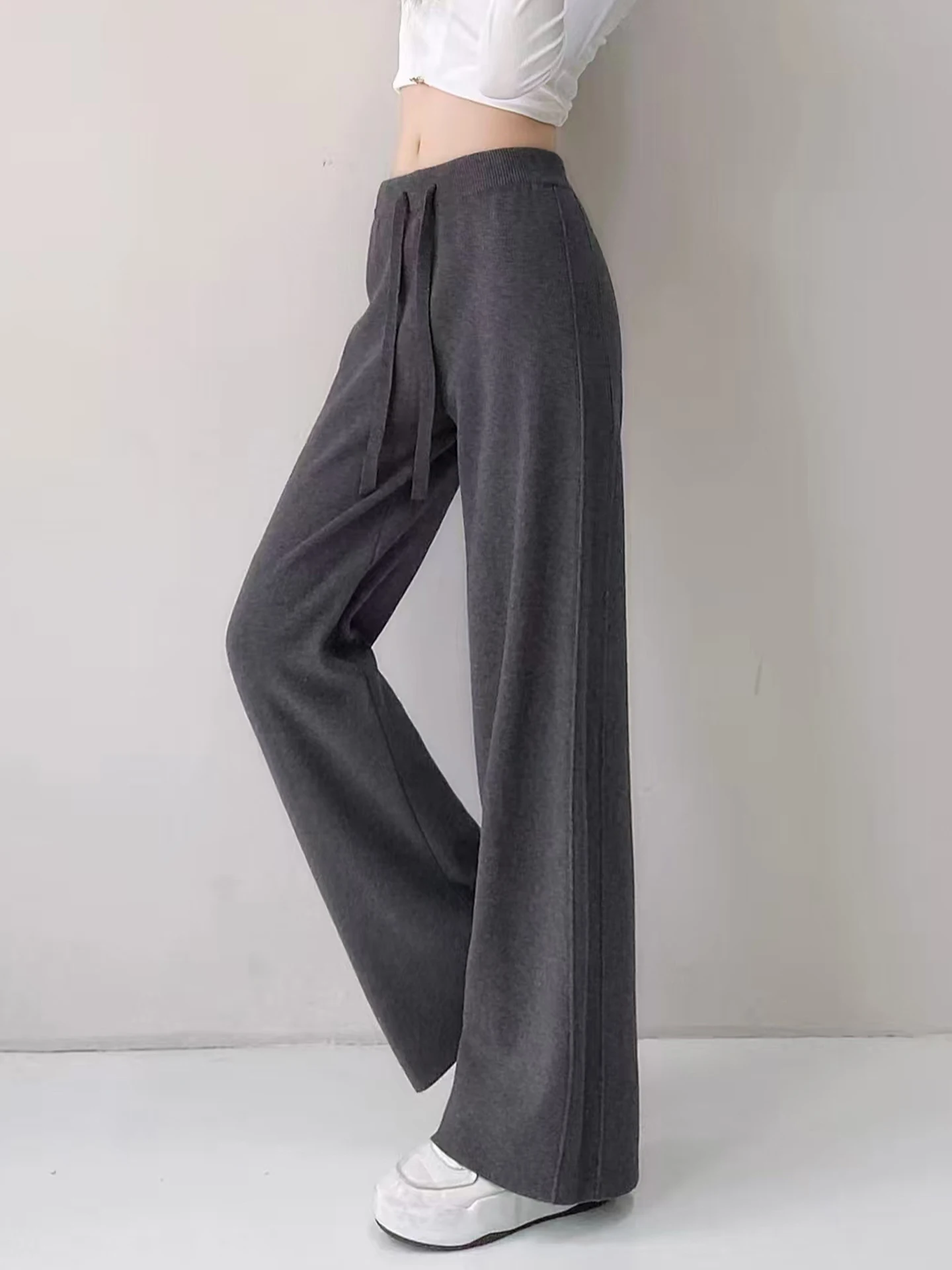 Ladies High Waist Wide Leg Woolen Pants Autumn Winter Loose Fit Drapey Side S Knitted Straight Cut Floor Length Trousers