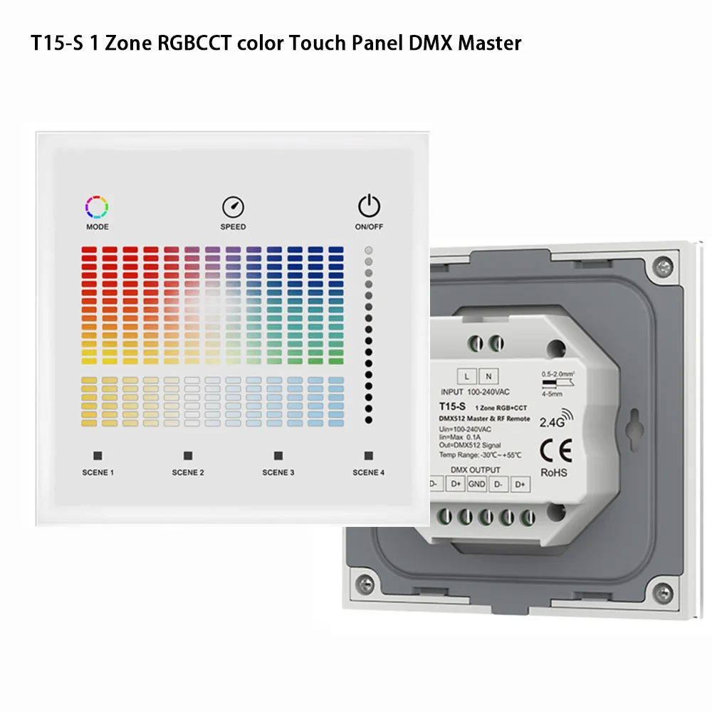 1 Zone Dimming Glass Touch Panel DMX512 Master AC 100-240V CCT/RGB/RGBW/RGBCCT LED Light Dimmer Switch 2.4G RF Remote Control