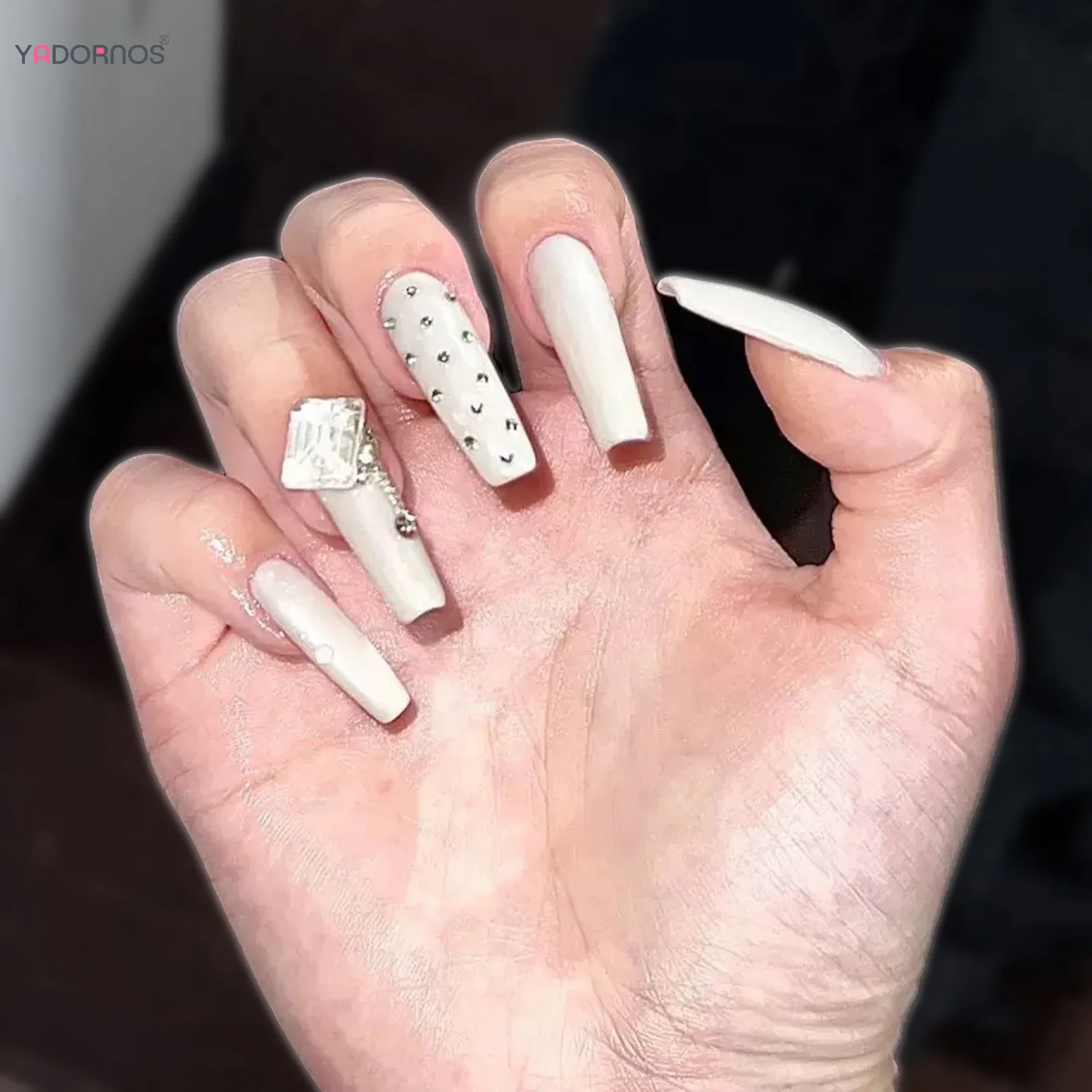 Solid White Press on Nails Long Coffin Wearable Fake Nails Simple Diamond Designs Women Bride Wedding Charms Nails Arts Tips