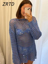 Sexy Knit Hollow Out Mini Dress Women Loose O-neck Long Sleeve See Through Female Dresses 2024 Summer Lady Holiday Beach Vestido