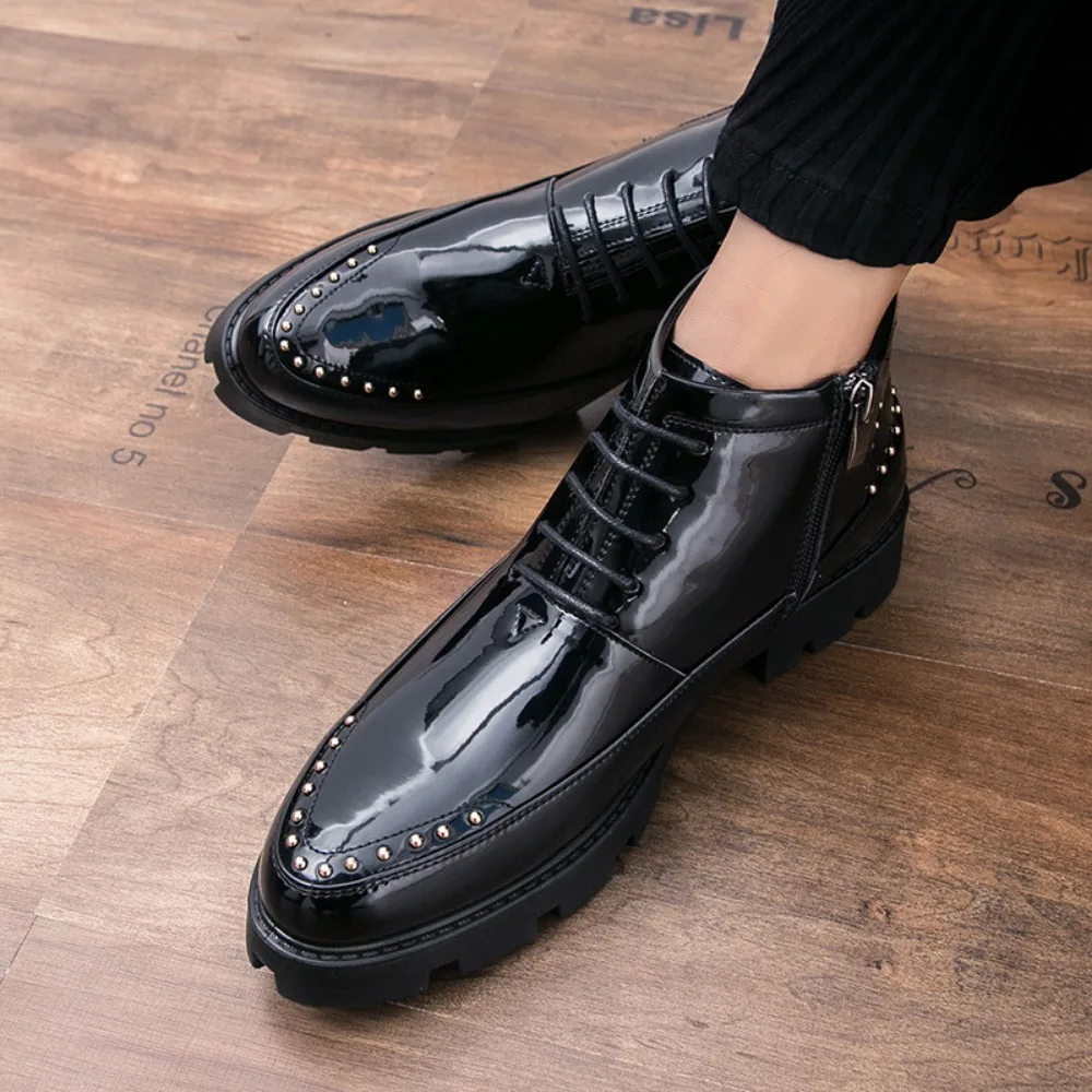 Male Patent Leather Moccasins Shoes High Top Italian Formal Dress Brogue Oxford Wedding Business Shoes Boots 2024