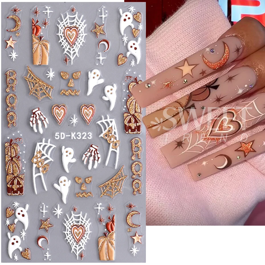 5D Glitter Halloween Embossed Nail Stickers Ghost Pumpkin Heart Spider Web Water Drop Blood White Bone Engraved Nail Decoration