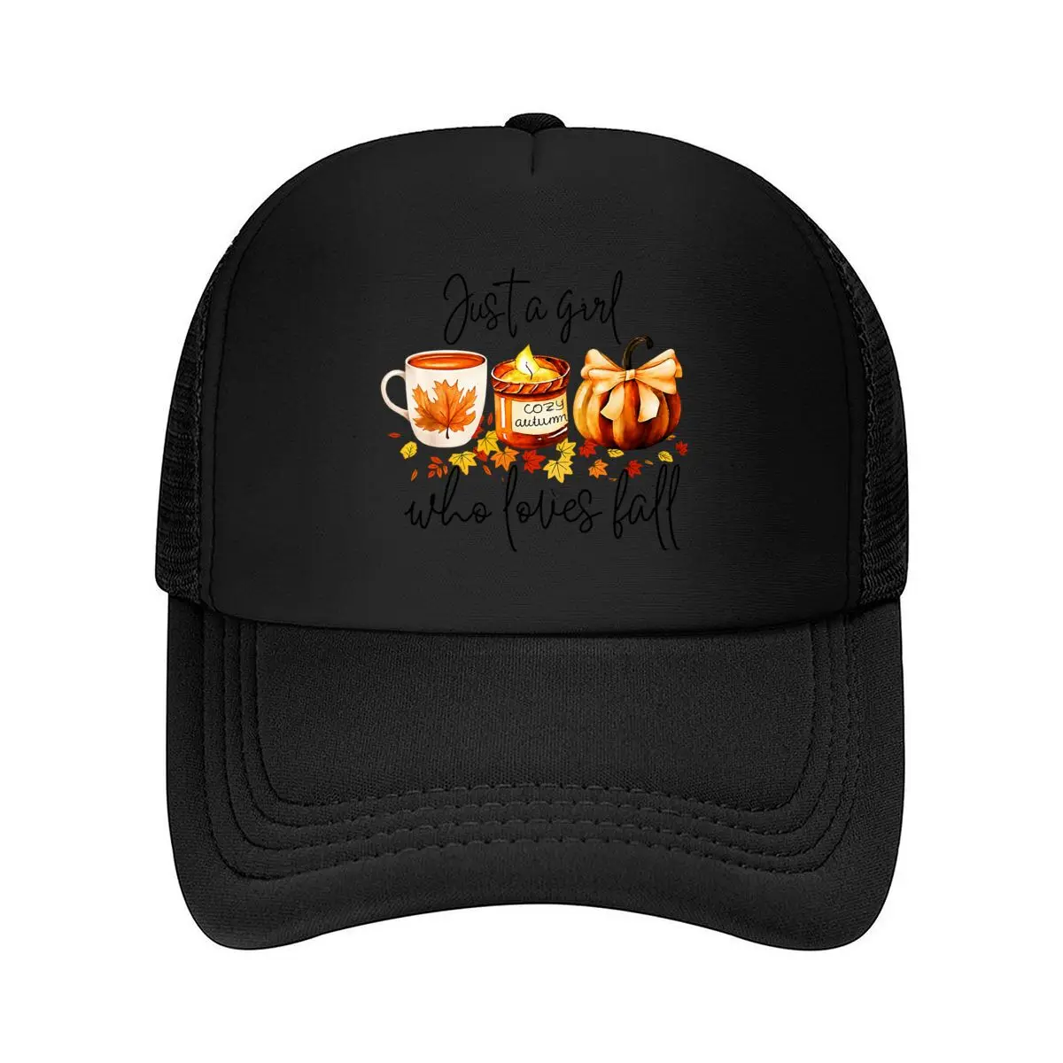 Just A Girl Who Loves Fall Cozy Autumn Pumpkin Leaves Mesh Baseball Cap Hip Hop