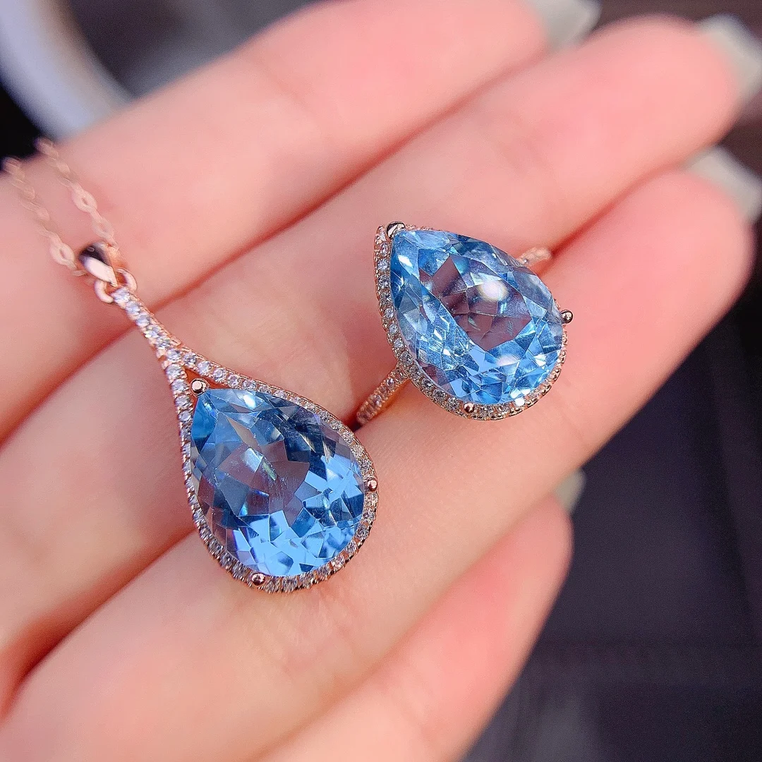 FS Natural Sapphire Drop Pendant Necklace Rings Set  for Women S925 Sterling Silver Fine Fashion Weddings Jewelry MeiBaPJ