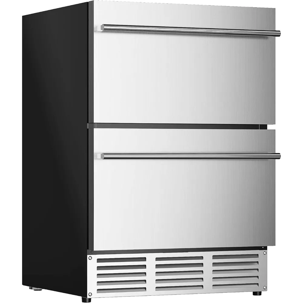 24 Inch Under Counter Double Drawer Fridge, Weather Proof Stainless Steel Outdoor Beverage Refrigerator for Patio