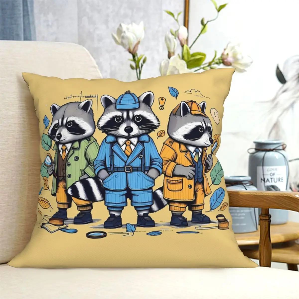 Raccoon Detectives Square Pillowcase Cushion Cover Pillow Case Throw Pillow Cover for Home Bedroom Car