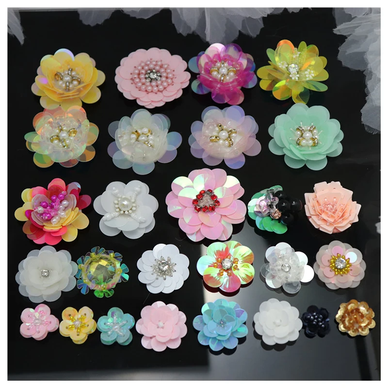 Sequins Patches 20 pcs Rhinestones Beads Flower Appliques Brooch Stickers Patch for Clothes Bag Shoes Sew-On Sewing Accessories