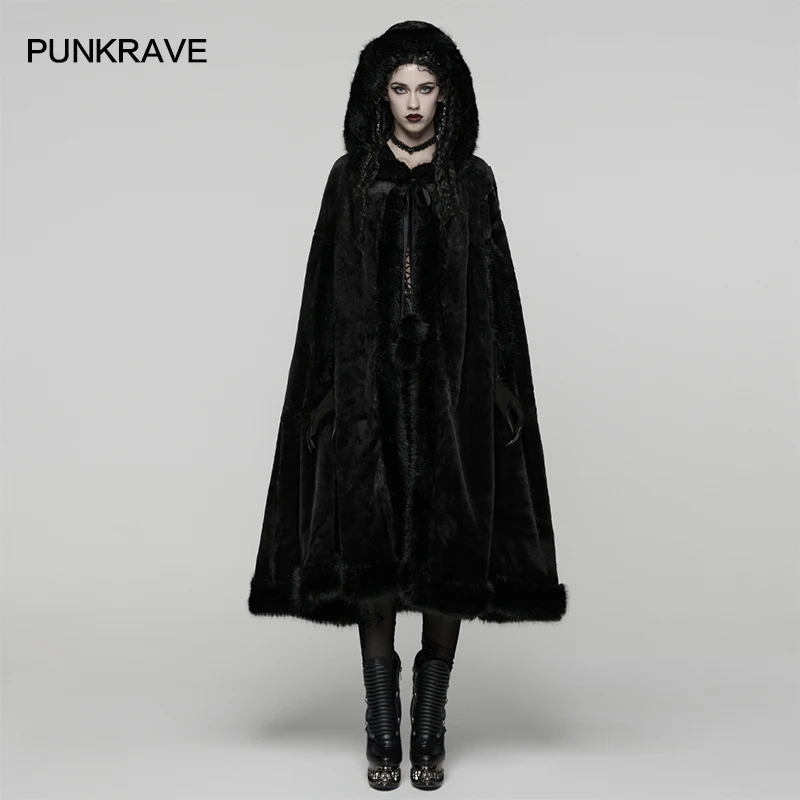 

Женский готический плащ средней длины в стиле панк-рейв, теплый экологически чистый плащ с капюшоном из искусственного меха, пышная текстура, вечерние клубные темно-длинные пальто