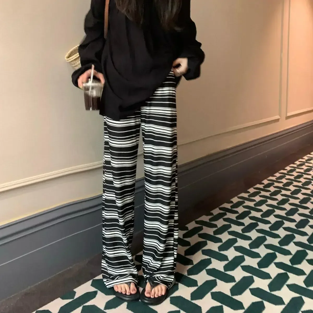 

Stripe Wide Leg Slacks Pants for Women G Korean Fashion Aesthetic Y2k Streetwear Clothing Chic and Elegant New In Woman Trousers