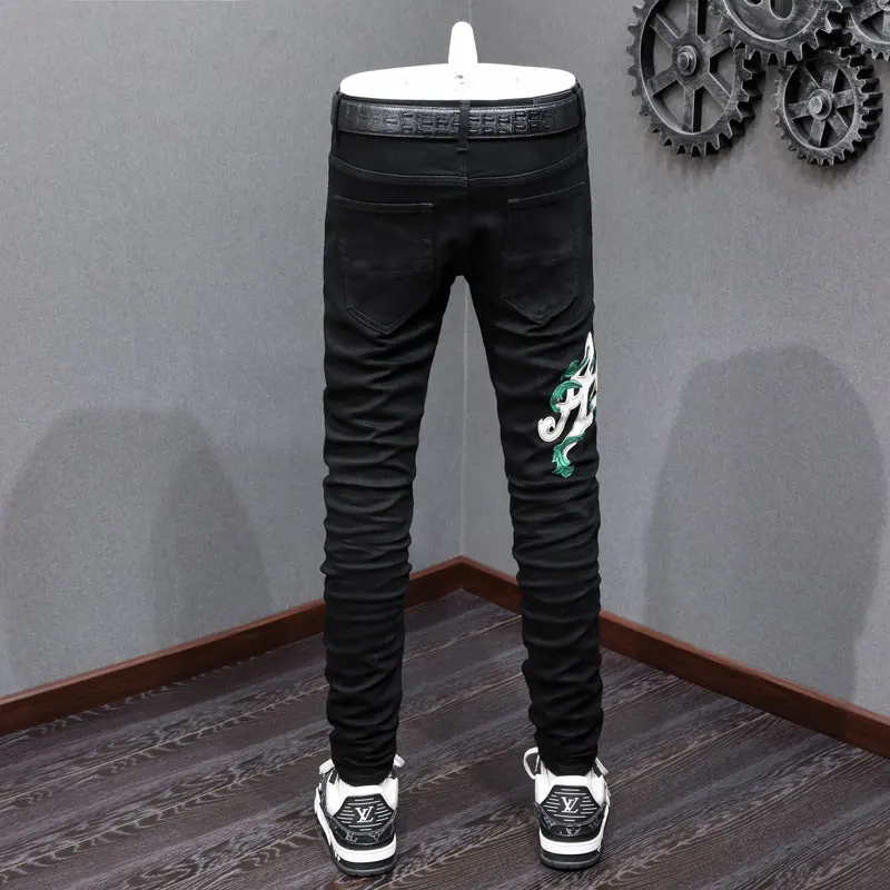 High quality and fashionable new men's jeans stretch slim fit washed black jeans from high street hip-hop brand, high-quality lo